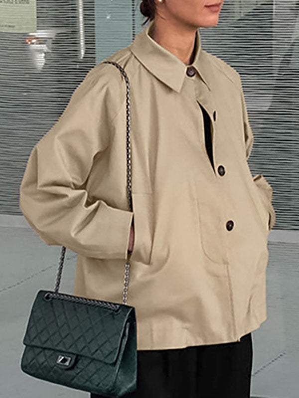 Buttoned Pockets Long Sleeves Loose Lapel Trench Coats Outerwear