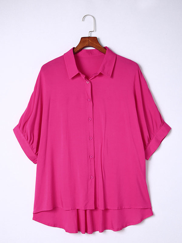Pleated Split-Front Split-Joint Batwing Sleeves Half Sleeves Lapel Blouses