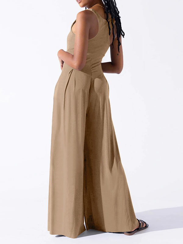 Pleated Solid Color Loose Sleeveless Spaghetti-Neck Jumpsuits