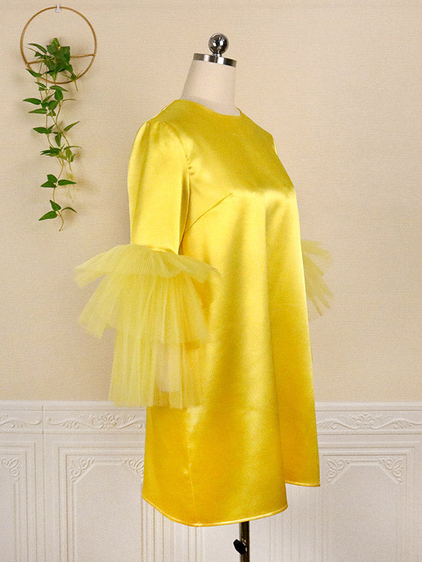 Shiny Solid Color Split-Joint Tulle Half Sleeves Loose Round-Neck Mini Dresses