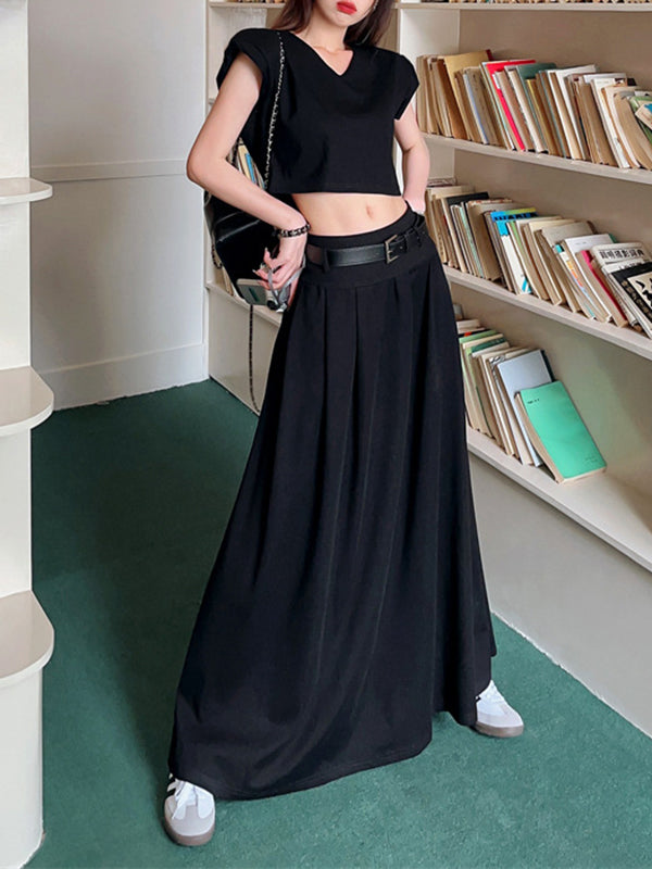 Belted Pleated Solid Color A-Line High Waisted Skirts Bottoms