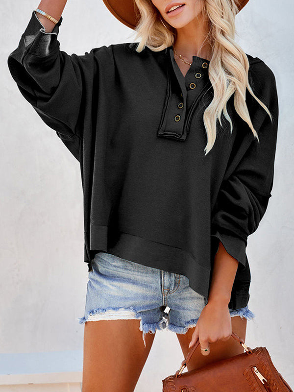Buttoned Split-Joint Velvet Hooded Long Sleeves Sweatshirt Tops