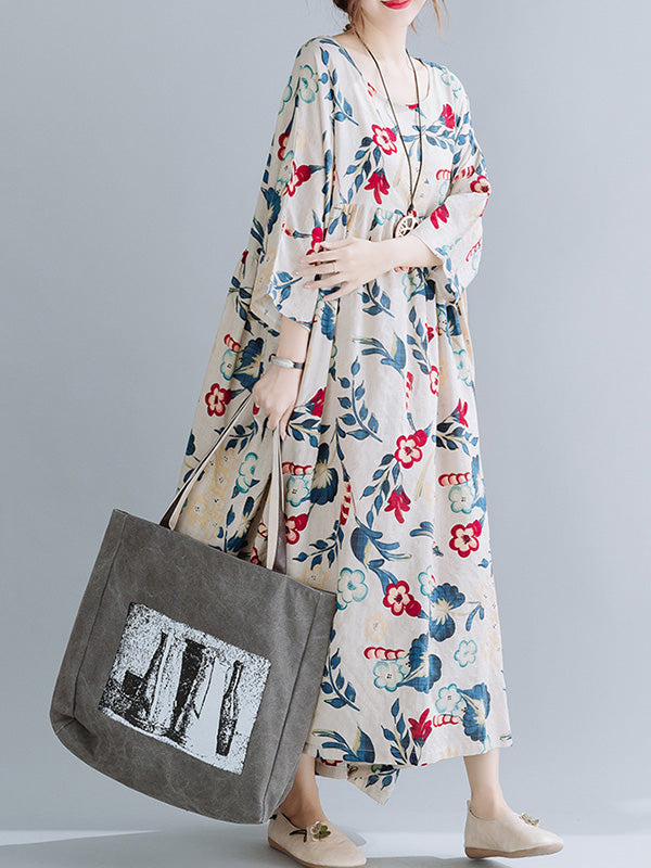 Casual Floral Printed Split-Joint Round-Neck Flared Batwing Sleeves Loose Maxi Dress