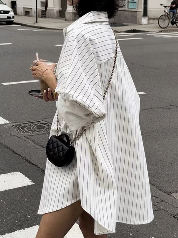 Buttoned Striped Long Sleeves Loose Lapel Blouses&Shirts Tops