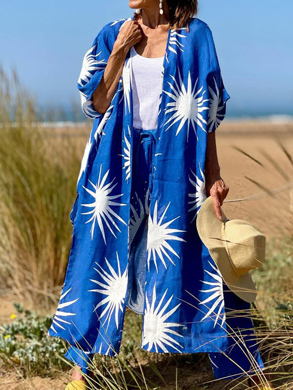 Printed Split-Side Half Sleeves Collarless Outerwear Top + High Waisted Pants Bottom Two Pieces Set