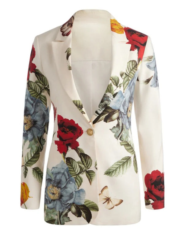 Buttoned Flower Print Pockets Long Sleeves Loose Notched Collar Outerwear Blazer