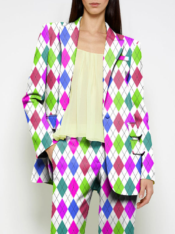 Buttoned Pockets Printed Shoulder Pad Long Sleeves Loose Notched Collar Outerwear Blazer