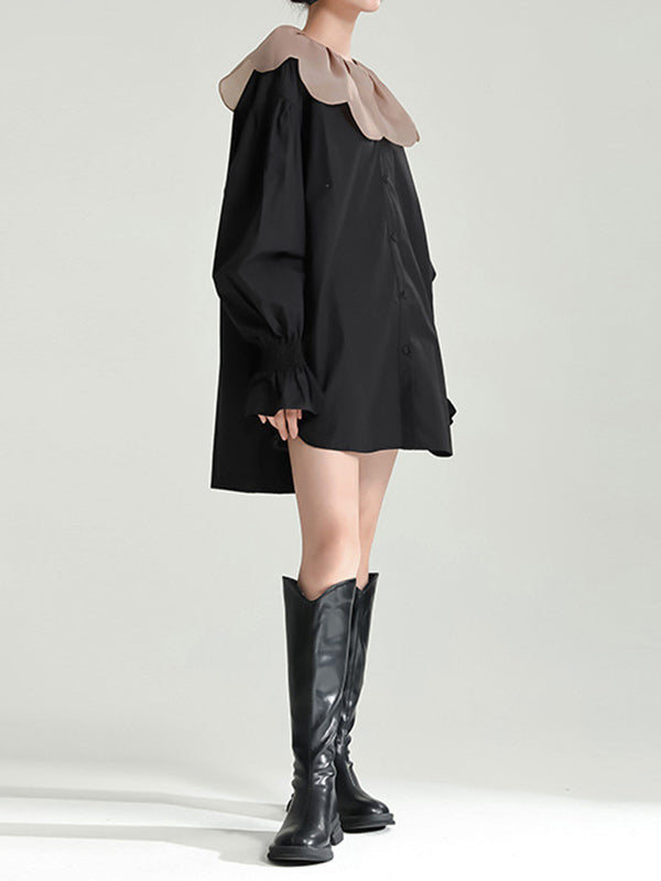 Contrast Color Elasticity Pleated Split-Joint Long Sleeves Loose Peter Pan Collar Blouses