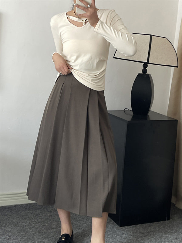 Pleated Solid Color Split-Joint A-Line High Waisted Skirts