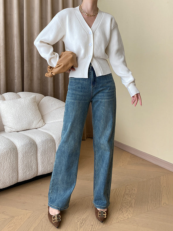 Solid Color Long Sleeves Loose V-Neck Cardigan Tops