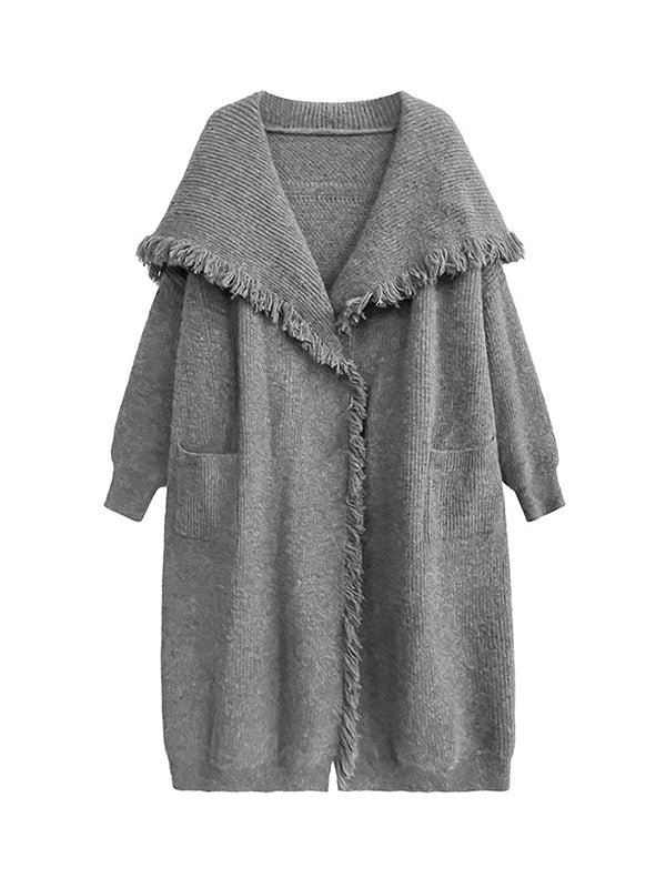 Fringed Pockets Solid Color Long Sleeves Loose V-Neck Cardigan Coats