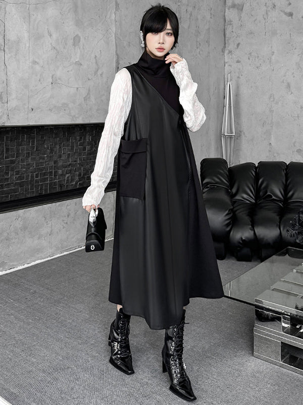 Asymmetric Buttoned Solid Color Split-Joint Irregularity Loose High Neck Midi Dresses