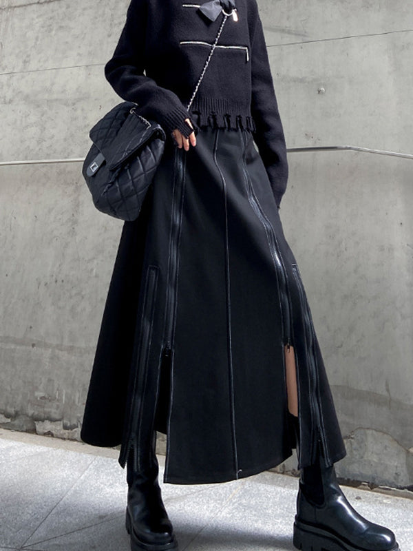 Solid Color Split-Joint Split-Side Zipper A-Line Irregularity Skirts Bottoms