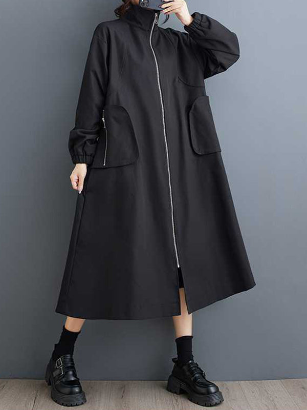 Elasticity Pockets Split-Joint Zipper Long Sleeves Loose High Neck Trench Coats Outerwear