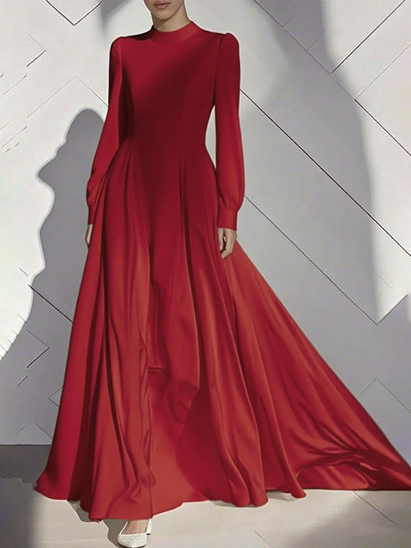 Pleated Solid Color Zipper A-Line High Waisted Mock Neck Maxi Dresses
