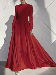 Pleated Solid Color Zipper A-Line High Waisted Mock Neck Maxi Dresses