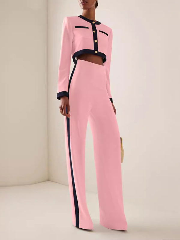 Buttoned Split-Joint Long Sleeves Round-Neck Blouses&Shirts Tops + High Waisted Pants Bottom Two Pieces Set