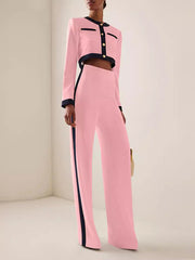 Buttoned Split-Joint Long Sleeves Round-Neck Blouses&Shirts Tops + High Waisted Pants Bottom Two Pieces Set
