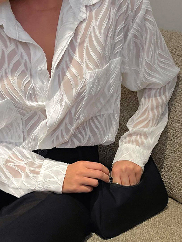 Buttoned Pockets See-Through Solid Color Split-Joint Long Sleeves Loose Lapel Blouses&Shirts Tops