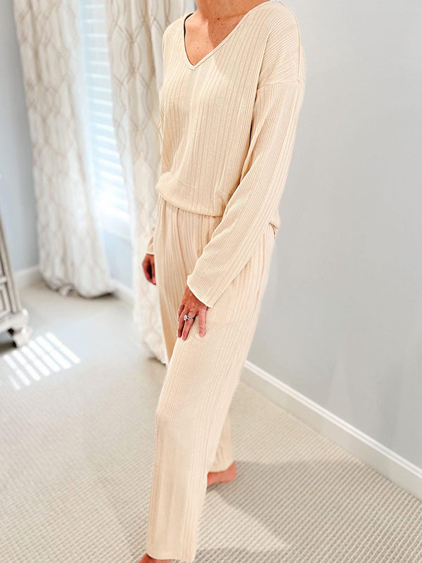 Solid Color Long Sleeves Loose V-Neck Shirt Top + Pants Bottom Pajama Sets