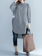 Buttoned Contrast Color Plaid Split-Joint High-Low Loose Lapel Shirt Dress Midi Dresses