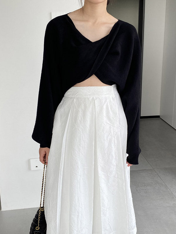 Knot Solid Color Batwing Sleeves Long Sleeves V-Neck Sweater Tops Pullovers