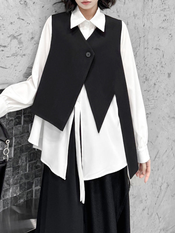 Buttoned Solid Color Split-Joint Streamer Irregularity Long Sleeves Lapel Collar Blouses&Shirts Tops