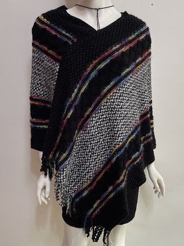 Asymmetric Tasseled Loose V-Neck Shawl&Cloak Cape