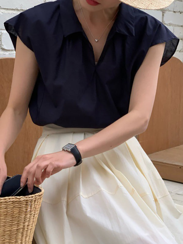 Solid Color Cap Sleeve Loose Lapel Blouses&Shirts Tops