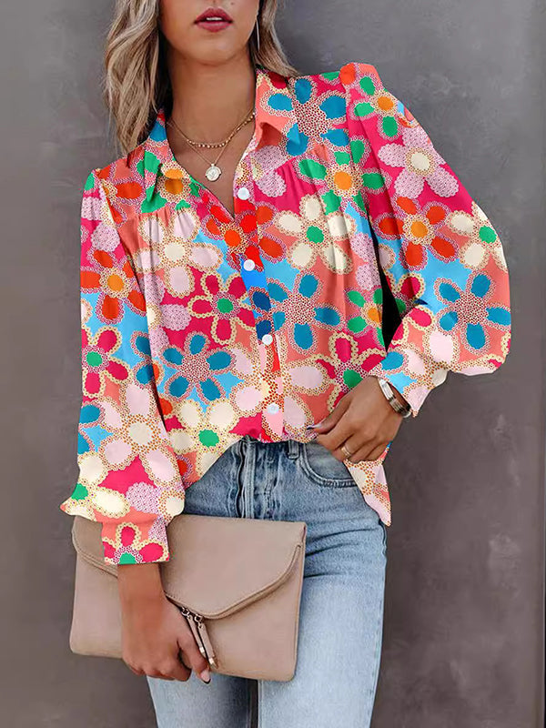 Flower Print Pleated Split-Joint Loose Puff Sleeves Lapel Blouses