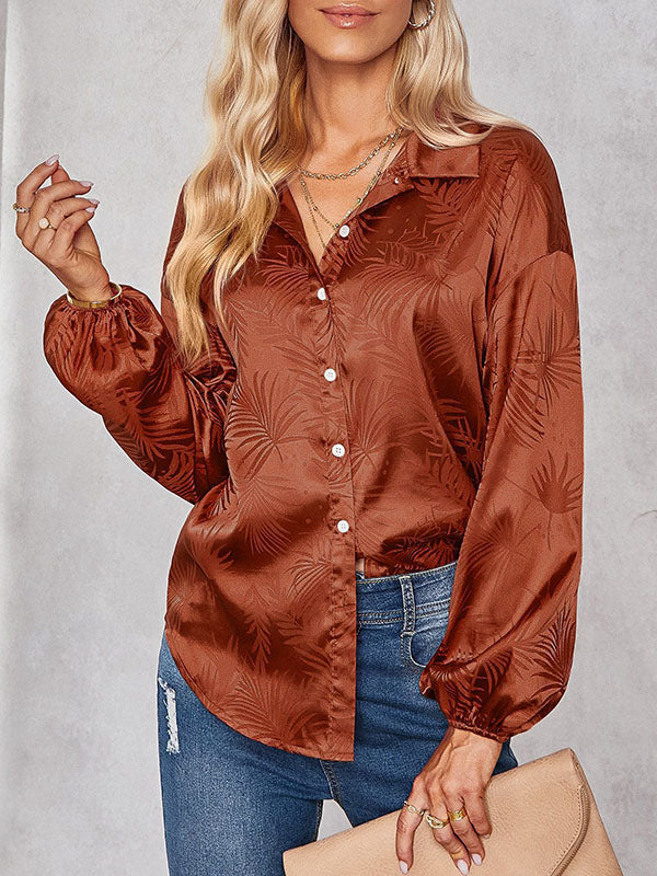 Jacquard Split-Joint Loose Puff Sleeves Lapel Blouses