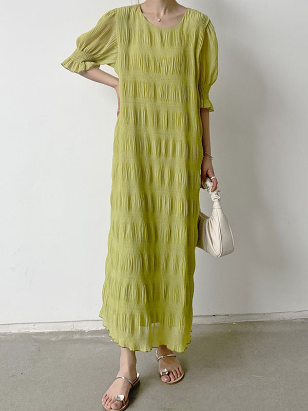 Pleated Solid Color Flared Sleeves Half Sleeves Round-Neck Midi Dresses