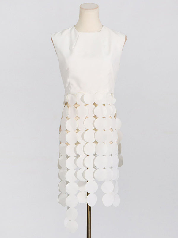 Polka-Dot Solid Color Split-Joint Tasseled Sleeveless Round-Neck Vest Top