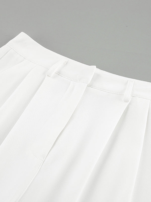 No Belt Pleated Pockets Solid Color High Waisted Loose Trousers Suit Pants