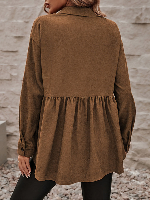 Buttoned Pleated Pockets Solid Color Split-Joint A-Line Long Sleeves Lapel Outerwear