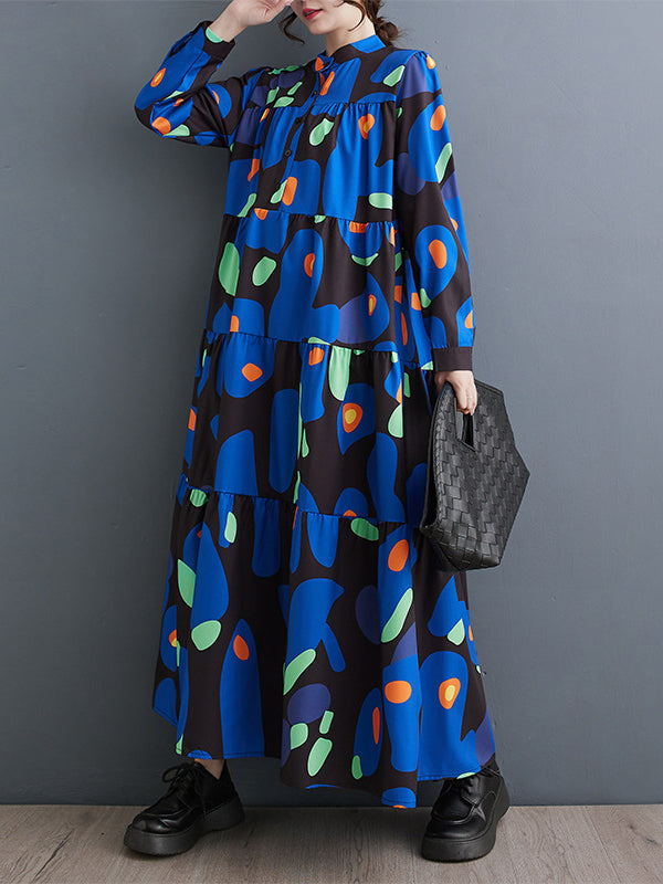 Pleated Printed Split-Joint Long Sleeves Loose Stand Collar Midi Dresses