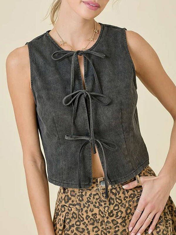 Lace-Up Split-Joint Loose Sleeveless Round-Neck Vest Top