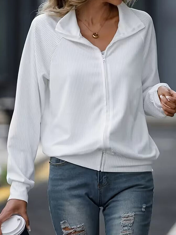 Solid Color Zipper Long Sleeves Loose Lapel Outerwear