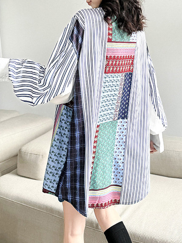 Buttoned Contrast Color Pockets Split-Joint Striped Long Sleeves Loose Lapel Blouses&Shirts Tops