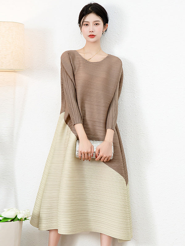 Original Contrast Color Split-Joint Round-Neck Pleated Midi Dress