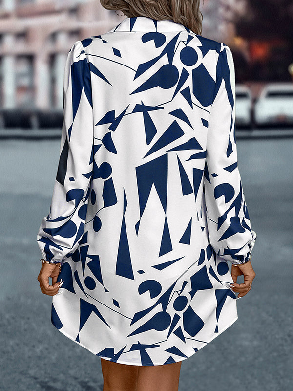 Printed Split-Joint Loose Puff Sleeves Lapel Shirt Dress Mini Dresses