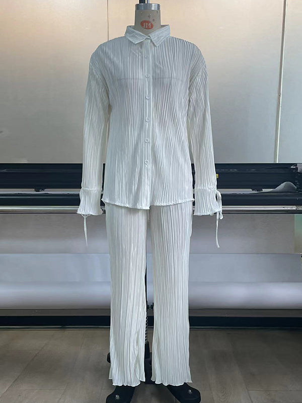 Solid Color Flared Sleeves Long Sleeves Buttoned Drawstring Pleated Split-Side Lapel Shirts Top + Pants Bottom Pajama Sets