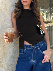 Hollow Solid Color Split-Joint Loose Skinny Round-neck Vest Top