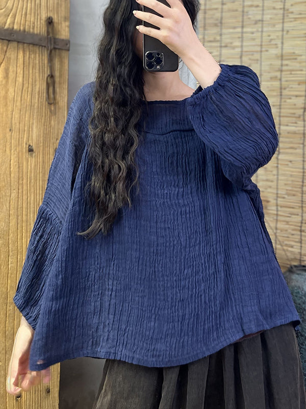 Pleated Solid Color Long Sleeves Loose Round-Neck T-Shirts