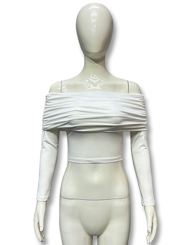 Solid Color Split-Joint Long Sleeves Skinny Off-the-shoulder T-shirts