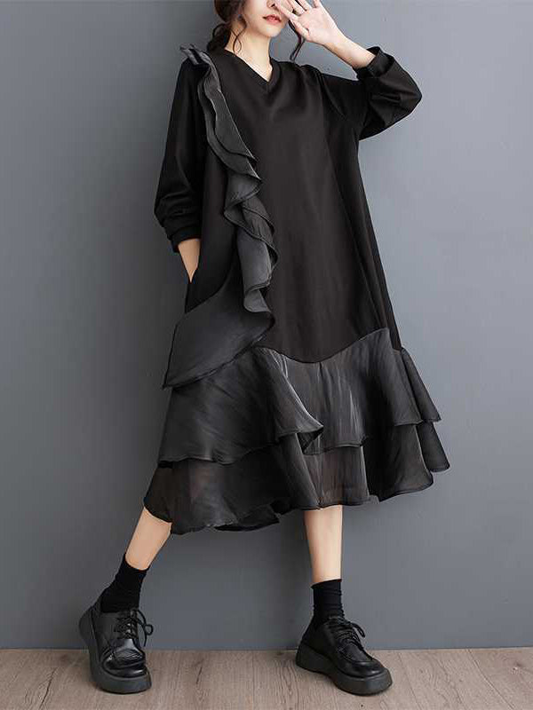Contrast Color Pockets Ruffle Trim Split-Joint A-Line Long Sleeves V-Neck Midi Dresses