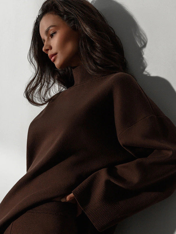 Casual Solid Color Irregularity High-Neck Sweater& Wide Leg Pants Suits