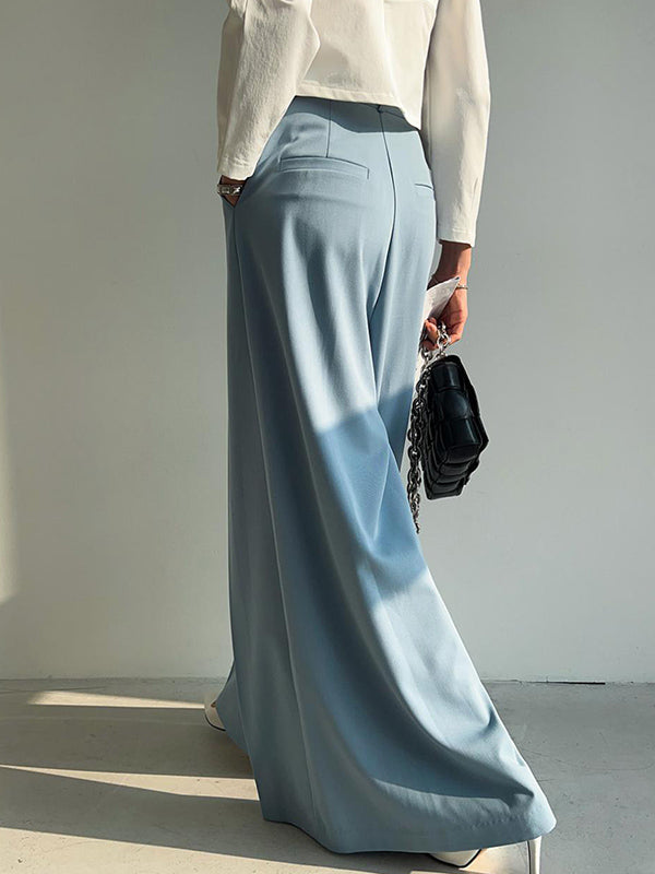 Pleated Solid Color High Waisted Wide Leg Trousers Casual Pants Bottoms