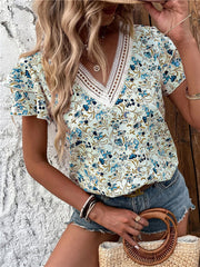 Falbala Floral Printed Split-Joint Loose Petal Sleeves V-Neck T-Shirts Tops