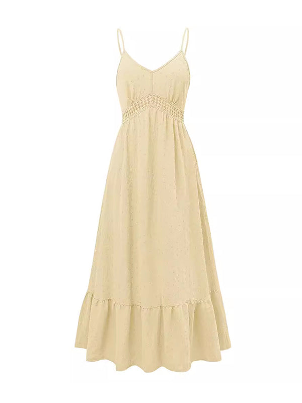 Hollow Jacquard Pleated Solid Color Split-Joint A-Line Loose Spaghetti-Neck Midi Dresses